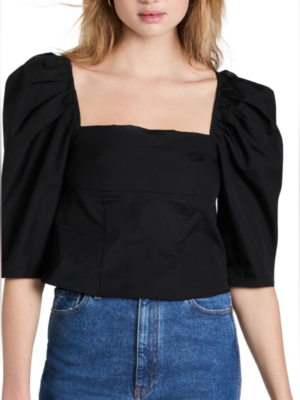 VINCE Square Neck Puff Sleeve Top — Black